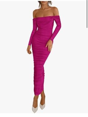 Fuchsia Ruched Long-Sleeve Midi Dress